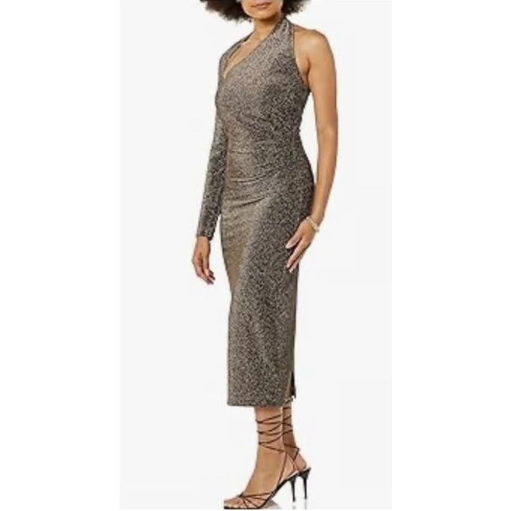 Terea Gold Metallic One Shoulder Midi Dress L NWT